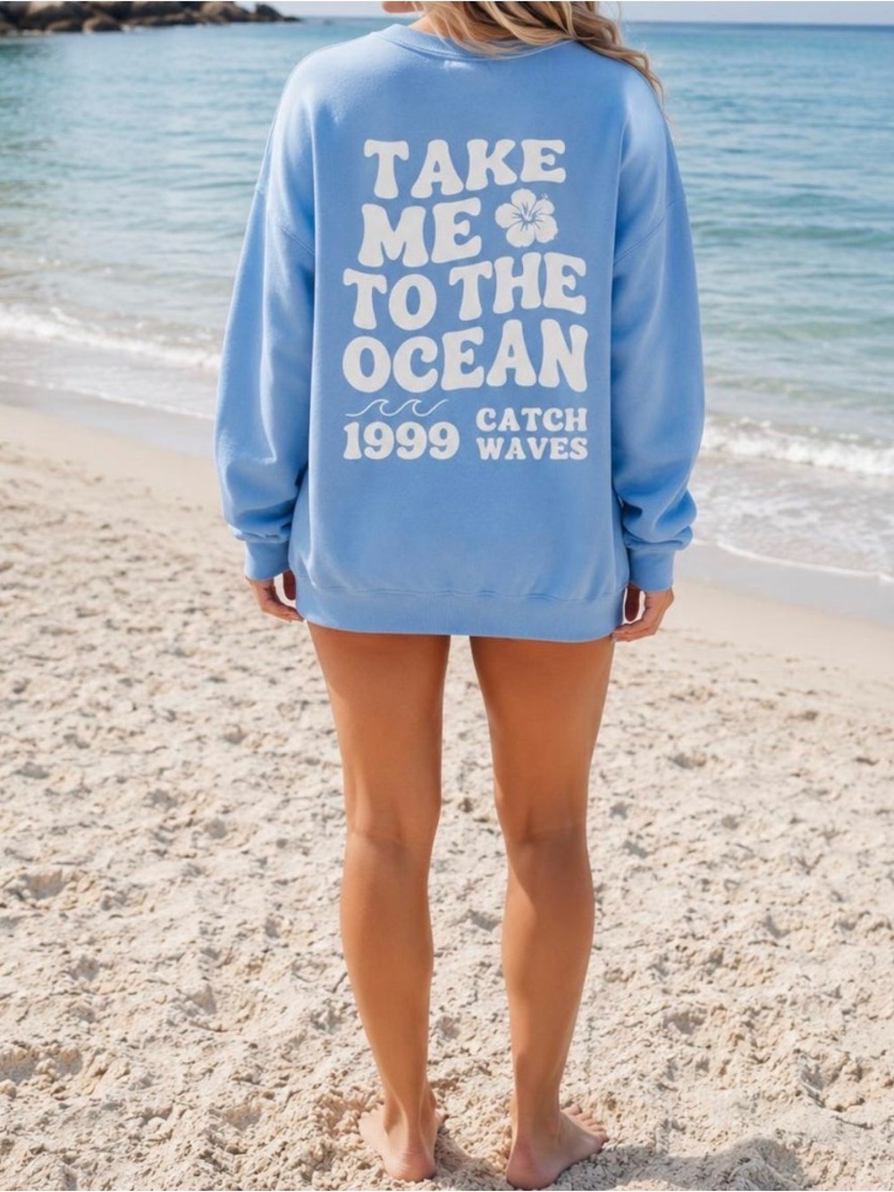 NWT Etsy Gildan Light Blue 'Take Me To The Ocean' Crewneck Sweatshirt - Picture 2 of 7
